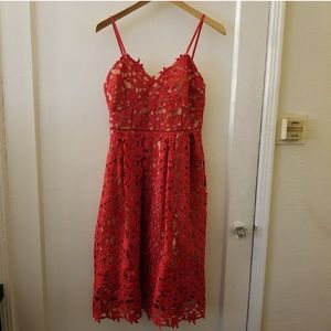 Red Crochet Flower Lace Midi Dress